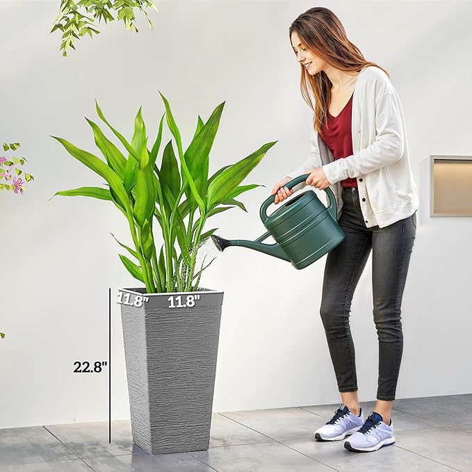 Outsunny 22.8 Inch Tall Planters for Outdoor Plants, Set of 3 Plastic Flower Pots with Stone Finish and Wheels, Stackable Tapered Planters with Drainage Hole for Indoor Plants, Front Porch, Gray Outsunny