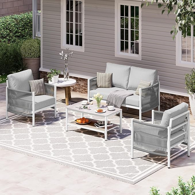 Aluminum Outdoor Patio Furniture Set with Dual-Layer Coffee Table, 4 Piece Modern Patio Conversation Sets with PE Rope, Outdoor Sectional Sofa with Thick Cushions for Balcony, Deck, White Oasbira