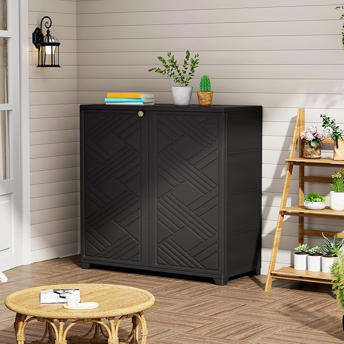 ZZM Indoor/Outdoor Storage Cabinet Waterproof, 34"x15"x34" Plastic Outdoor Storage Box for Garden Balcony Bathroom, All Weather Outdoor Storage Clearance, DIY Usage, with No Shelf (Black) ZZM