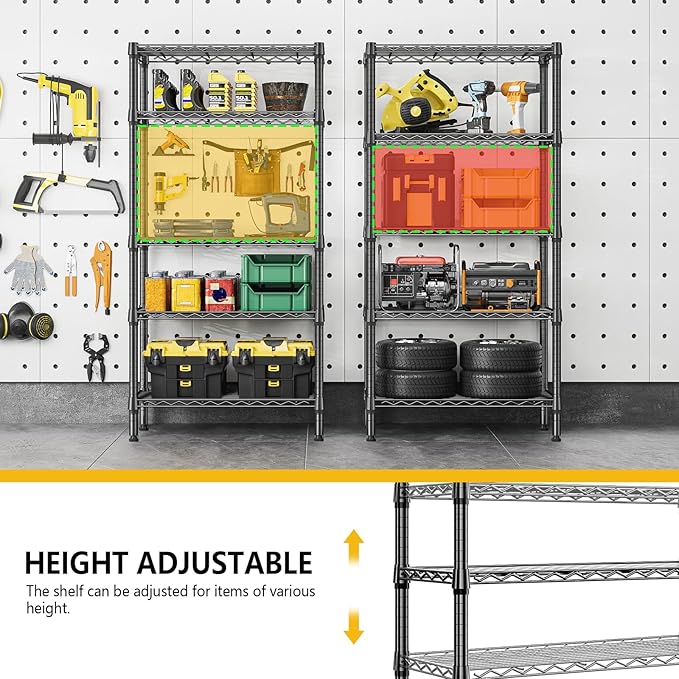 1250 lbs 5 Tier Shelf Metal Storage Shelves Wire Rack Closet Organizers for Garage Kitchen Bathroom Laundry Black 11.8" D x 29.5" W x 59.5" H MEIGAOPLASTICANDMETALHKCOLIMITED