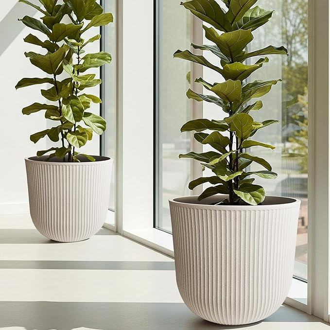 WORTH Garden Round Large Planter Pot Set of 2-17.5" Dia x 15.5" H - Durable Plastic Beige Plant Tree Pots with Vertical Stripe Textured Finish, Drainage Hole for Indoor, Outdoor, Front Porch, Patio WORTH