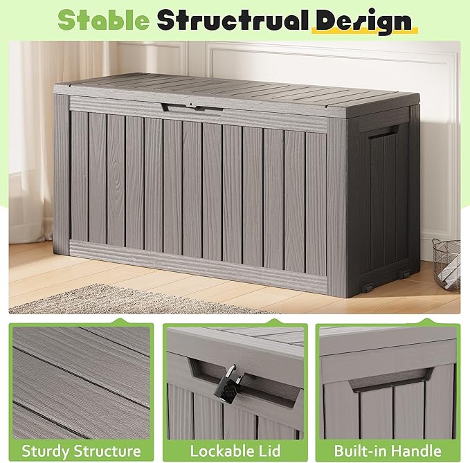 Outdoor Storage Box, Resin Deck Boxes Indoor and outdoor, Waterproof Storage Box Lockable Lid (Grey, 75 Gallon) NBYSGO