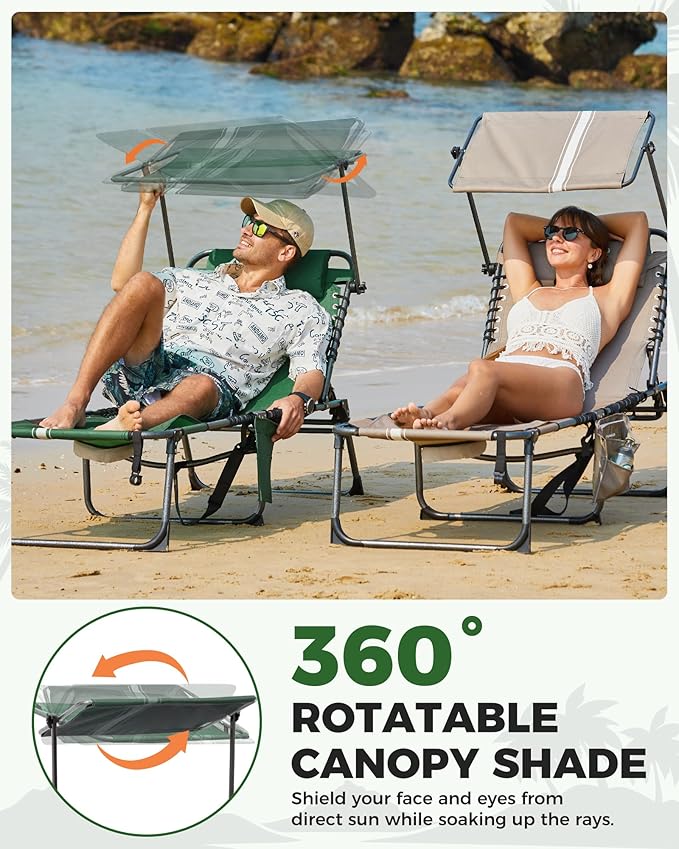 KingCamp Tanning Chair with Face Hole, Lounge Chairs Outdoor Folding Comfy Adjustable 5-Position Foldable Chaise Chaser with Canopy Shade for Outside Beach Patio Sun Bathing Pool, Green/White KingCamp