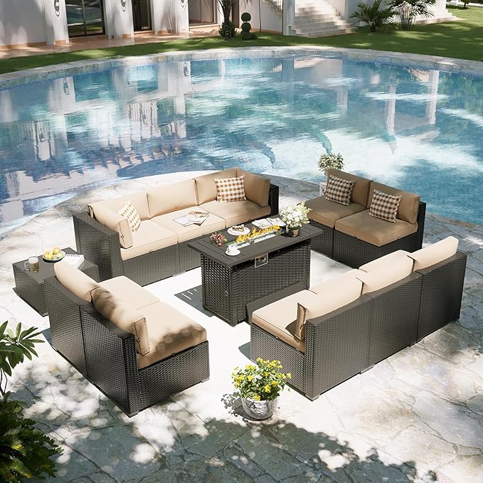 Aoxun Patio Furniture Set with Fire Pit Table, 12 Piece Outdoor Sectional Sofas, 10 Seats Wicker Rattan Outdoor Furniture with Thickened Cushion for Backyard, Garden Begin Aoxun