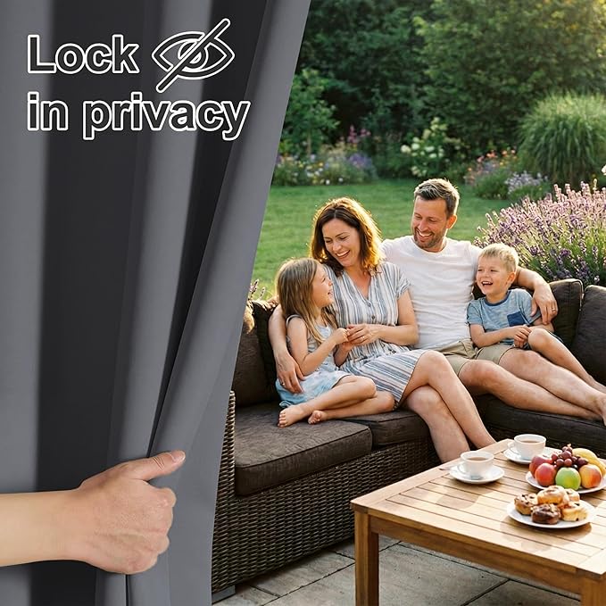 RYB HOME Outdoor Curtains for Patio Waterproof Block Sunlight Thermal Insulated Privacy Assured Thick Outside Curtains for Pergola, Cabana, Gazebo, W52" x L72", Grey, 1 Panel RYBHOME