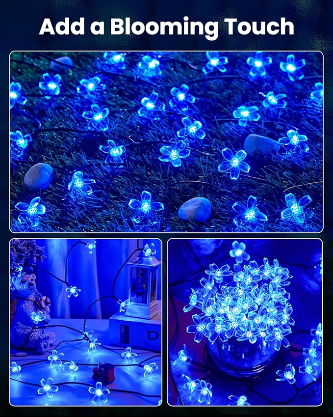 Brightown 60 LED Solar Flower String Lights for Outside Waterproof Fairy Lights for Garden Yard Fence Patio Christmas Tree Wedding Party Decor, Blue Brightown