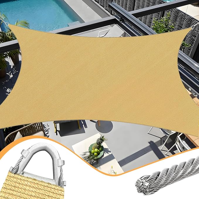 Upgraded with High-Strength Steel Cable Edges 20' x 26' Sun Shade Sail Sand Rectangle, Heavy Duty UV Blockage Outdoor Cover with Steel Wire Edges for Patio Garden OOTONAT