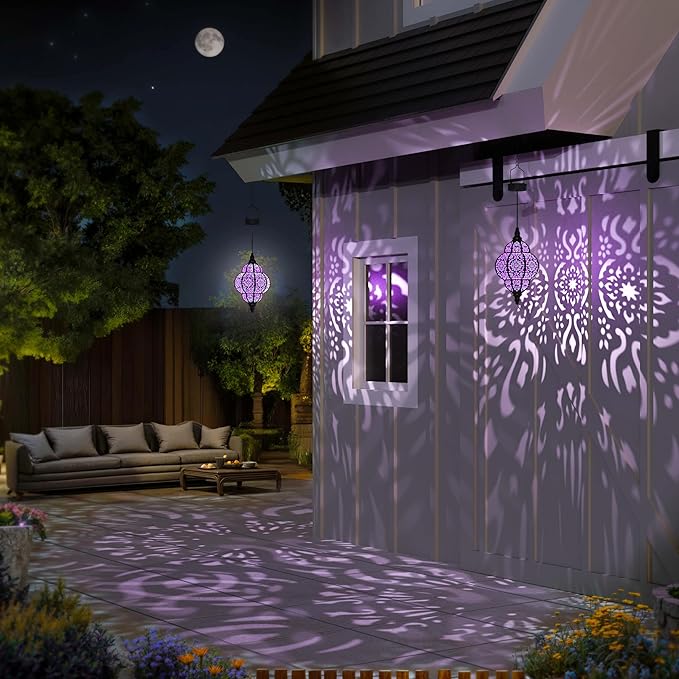 Hanging Solar Lights Outdoor Garden Decor Solar Lantern Waterproof Plastic Moroccan Outdoor Decorations for Patio Pathway Yard Backyard Garden Decorative (2, Purple) Hapjoy