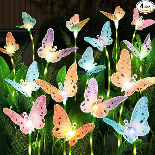 Solar Garden Lights 4 Pack Waterproof Decorative Solar Lights Outdoor with Glowing Stems,7-Color Changing ‎Fiber Optic Butterfly Light for Outside Yard Lawn Garden Decor, Gifts for Women Weepong