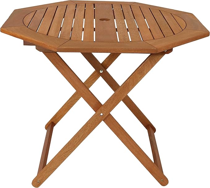 Sunnydaze Folding Meranti Wood Outdoor Dining Table with Umbrella Hole - Foldable Teak Patio Table - Teak Oil Finish - Octagon SunnydazeDecor