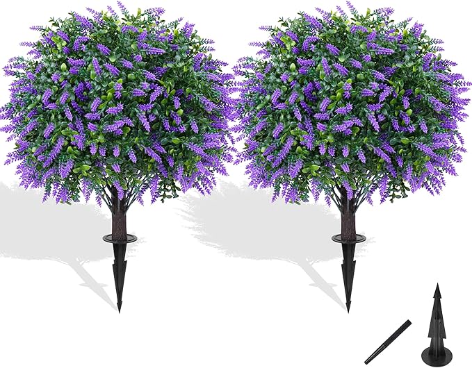 Artificial Boxwood Topiary Ball with Lavender, Set of 2 Artificial Shrub Bushes with Ground Spike, UV Resistant Fake Evergreen Plant Tree for Porch Outdoor Planters Indoor Valentine's Day FEELTHENEWWORLD