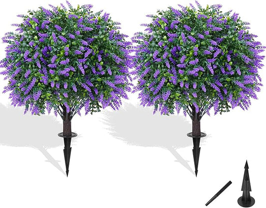 Artificial Boxwood Topiary Ball with Lavender, Set of 2 Artificial Shrub Bushes with Ground Spike, UV Resistant Fake Evergreen Plant Tree for Porch Outdoor Planters Indoor Valentine's Day FEELTHENEWWORLD