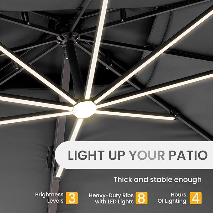 10 X 13 FT Cantilever Patio Umbrella with LED Lights Outdoor Heavy Duty Double Top Windproof Rectangle Offset Umbrellas with 360-degree Rotation for Pool Deck Backyard, Grey Ombrellon