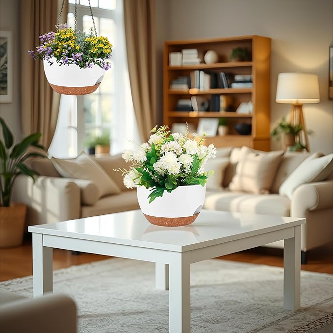 2 Pack 12 Inch Self Watering Hanging Planters for Indoor Plants, Large White Brown Plastic Hanging Pots with Chains for Outdoor Patio Garden Home Decor White Brown zople