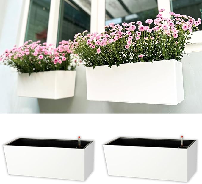 LaLaGreen Wall Planter for Outdoor (2 Pack, 20 Inch) White Self Watering Rectangular Window Boxes Planters to Attach to House with Bracket, Country Vertical Plant Wall Holder Indoor Garden Minimalist L%C3%A1L%C3%A1Green