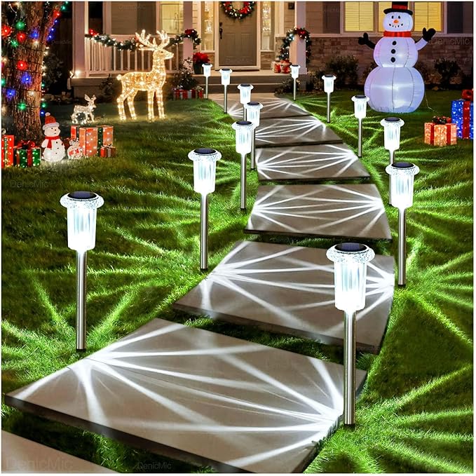 DenicMic Solar Lights Outdoor 15 Pack Waterproof 6000K Cold White LED Stainless Steel Stake Outside Lights for Yard Pathway Garden Driveway Walkway Landscape Path Lighting Denicmic