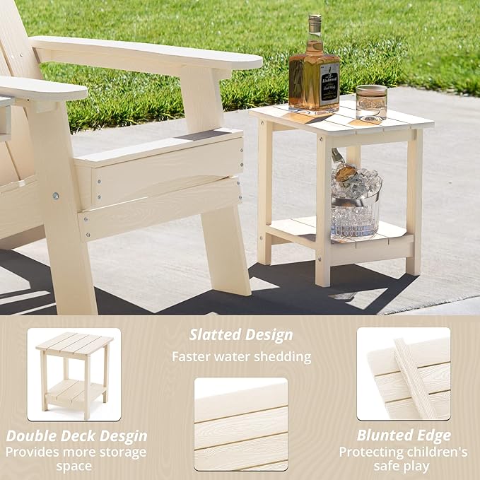 LUE BONA Adirondack Outdoor Side Table, 2-Tier Sand HDPS Patio End Table Weather Resistant, Morden Side Table for Patio, Pool, Porch LUEBONA