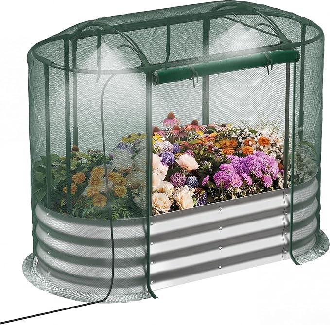 Raised Garden Bed with Self-Watering System, 4x2x1 ft Elevated Planter Boxes Outdoor with Mesh Cover, Oval Galvanized Raised Beds for Gardening,Vegetables,Flowers, Backyard, Patio Lineware