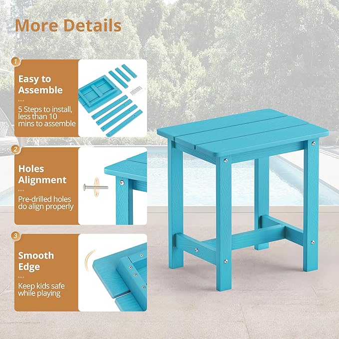 LUE BONA Outdoor Side Table, HDPS Small Outdoor Table, Rectangle Adirondack Side Table, Outside End Table for Patio, Porch, Pool, Weather Resistant/Easy Maintenance/Indoor or OutsideUse, Sky Blue LUEBONA