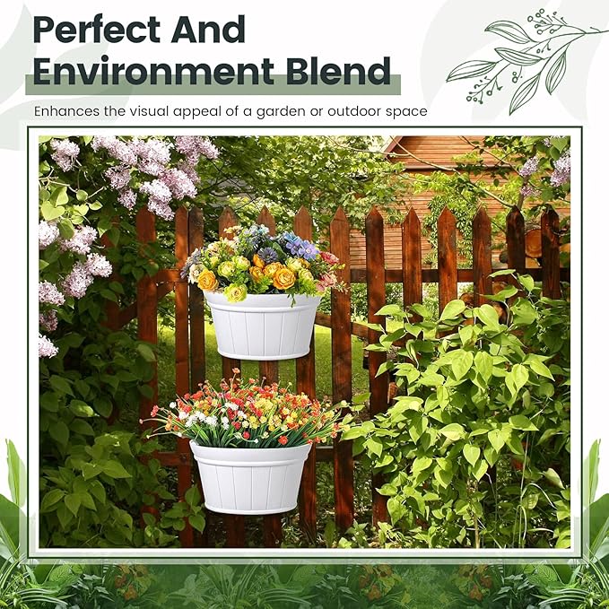 Layhit 6 Pcs Wall Hanging Planters Outdoor Pot Planter Wine Barrel Planter Distressed Oak Thickened Plastic Water Storage Flower Pots for Flower Indoor Outdoor(10 Inches,White) ShungLan
