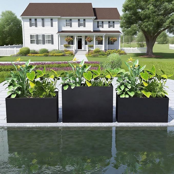 Galvanized Steel Planter Black Metal Outdoor Planter Powder Coated 32" x 12" x 16" Pot Metallic Heavy Pot Indoor & Outdoor, Commercial & Residential (L32 x W12 x D16, Black) DISCOVERINGBEAUTY
