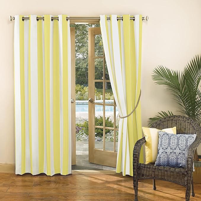 Sun Zero Valencia 2-Pack Cabana Stripe Indoor/Outdoor UV Protectant Energy Efficient Grommet Curtain Panel Pair, Yellow, 54" x 84" SunZero%E2%84%A2