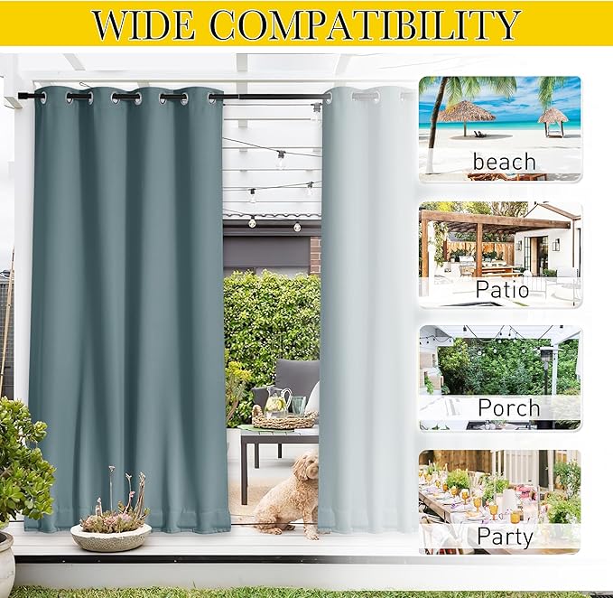 NICETOWN Outdoor Curtains for Patio Waterproof 108 inches Long 2 Panels, Windproof Thermal Insulated Top & Bottom Grommet/Back Tab Privacy Drapes with Rope for Fixed, Greyish Blue, W52 x L108 NICETOWN