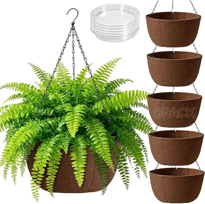 T4U Hanging Planters for Outdoor Plants, 12 Inch 6 Pack Fabric Hanging Baskets with Drainage Tray, Decorative Hanging Pots for Plants Outdoor Patio Porch Garden Use（Brown） T4U