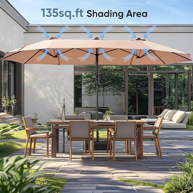 DUMOS 15FT Large Patio Umbrella with Base Included, Heavy Duty Extra Wide Outside Umbrella with 12 Ribbed Bars, Rectangle Outdoor Table Umbrella for Patio, Backyard, Pool, Deck & Garden,Khaki DumosLifestyle