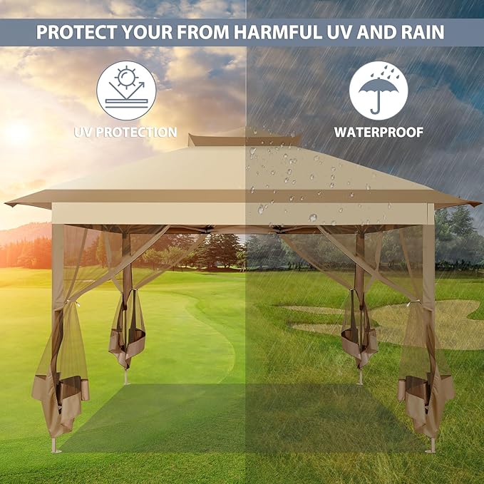 COBIZI 11x11 FT Pop up Gazebo Canopy Tent - Outdoor pop up gazebos on Clearance,carpas para Patio,Shelter - Screen Tents with Portable Carry Bag,Patio Gazebos for Camping,Garden,Deck,Backyard,Khaki COBIZI