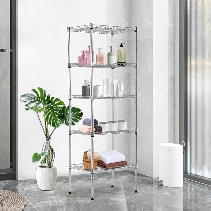 BestOffice | 5-Tier Wire Storage Shelves | 17x12x48 | Chrome | with Adjustable Racks | Heavy-Duty Metal Shelf, Holds Upto 750 lbs | No-Tool Assembly | Ideal for Home & Garage Shelving BestOffice