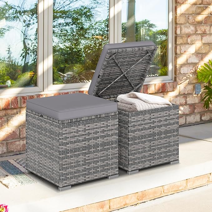 Tangkula 2 Pieces Patio Ottomans, Patiojoy Hand-Woven PE Rattan Side Table with Removable Cushion & Hidden Storage Space, Multifunctional Storage Box, Seat for Patio, Backyard, Poolside (Light Grey) TANGKULA