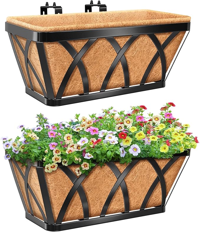Riare 2 Pack 16 Inch Metal Railing Planter Window Box with Coco Liner- Adjustable Window Flower Boxes for Railings, Hanging Rail Planters for Deck, Balcony, Porch, Fence, Indoor Outdoor Plants Riare