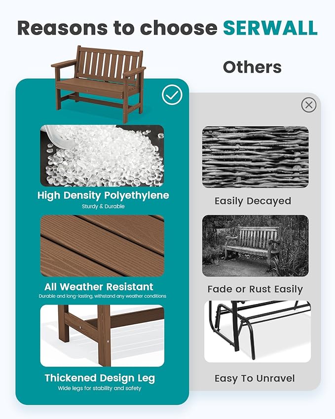 SERWALL Outdoor Bench, HDPE Outdoor Benches Weatherproof, 2-Person Garden Bench with 660 lbs Weight Capacity, Patio Benches for Outdoors, Garden, Porch, Backyard and Park, Brown, 2 Pack SERWALL