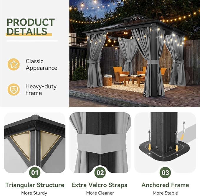 Aoxun 10'x10' Hardtop Gazebo, Outdoor Polycarbonate Double Top Canopy, Aluminum Frame Gazebo with Netting and Curtains, Sunshade for Patios, Gardens, Lawns, Gray Aoxun