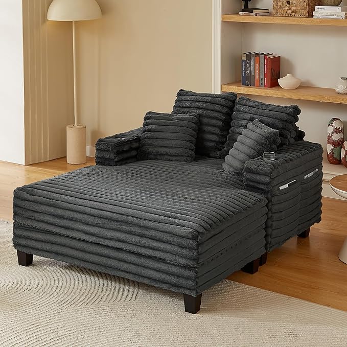 64" Chaise Lounge Chair Indoor, Oversized Sleeper Chair with Wood Frame, Upholstered Sofa Bed for Living Room, Movie Room, Bedroom with 4 Storage Pockets&2 Cup Holders(Plush Corduroy, Grey) Amsleekey
