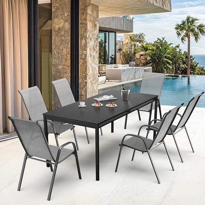 VINGLI Patio Chairs Set of 8 – Stackable Outdoor Dining Chairs with Comfortable Sling High Back Chairs and Armrests for Lawn, Poolside, Courtyard, Balcony, Garden, Silver Gray VINGLI