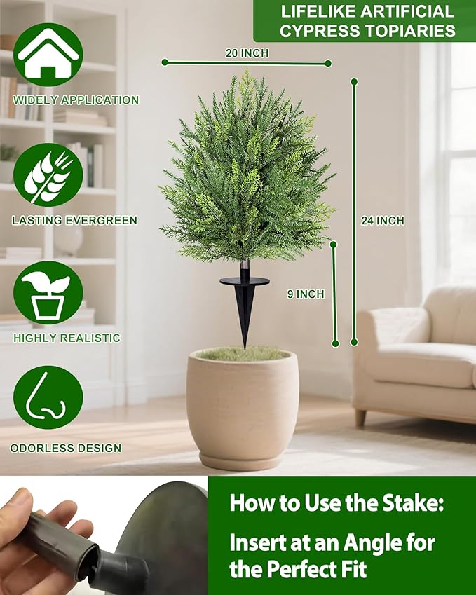 2 Pack Artificial Cypress Topiary Ball Trees with Ground Spike, 24" Norfolk Fake Bushes Shrubs UV Resistant Faux Plants Greenery for Outdoor Planters Garden Front Porch Pot Urn Fillers Spring Decor Grandeal