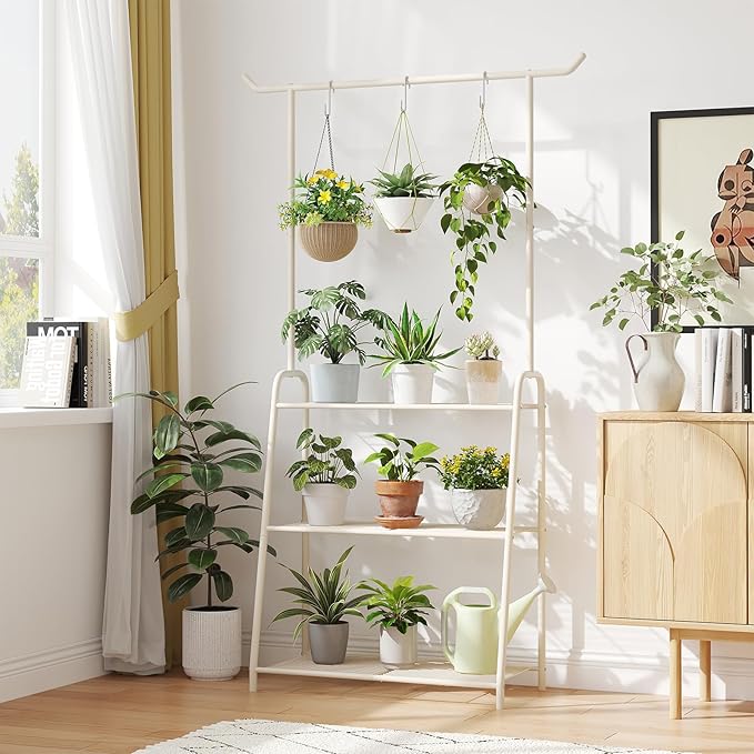 Plant Stand Indoor Outdoor,Metal Plant Stands for Multiple Plants,3 Tier Tall Hanging Plant Shelf,Large Heavy Duty Flower Holder Ladder Plant for Living Room, Patio, Balcony (White) Kitsanery