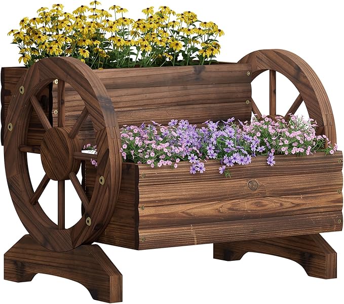 Wooden Wagon Planter Flower Cart with Wheels Garden Box Garden Planter, Decorative Planter for Flowers Herbs Vegetables for Indoor & Outdoor Décor Flower Cart for Patio Garden Balcony (Carbonized) PULIJIAJU