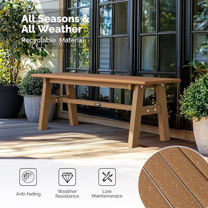 VINGLI 47” Outdoor Bench Garden Bench HDPE Porch Bench w/Metal Legs, Poly Lumber Patio Bench, 660 LBS Capacity Outdoor Backless Bench(Teak) VINGLI
