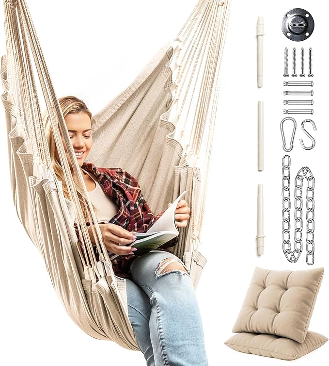 Hanging Hammock Chair Swing – Hanging Chair Outdoor & Indoor - Hammock Swing Chair – Quick & Easy Setup with Hardware Kit – Durable & Spacious Full Body Support with 2 Plush Cushions – Holds 440 Lbs EXTIRIO