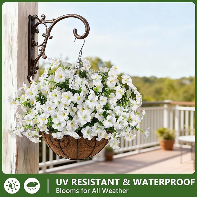 INQCMY Artificial Fake Petunias Flowers for Outdoors Spring Decoration, 12 Bundles Faux Flower Plants UV Resistant White Realistic Silk Flower for Outside Planters Patio Porch Yard Window Box INQCMYPlantRack