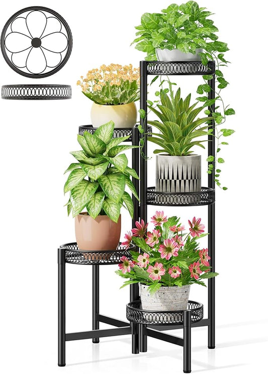 Plant Stand Indoor Outdoor, 5 Tier Corner Metal Flower Display Holder Stand, Folding Tall Plant Rack for Patio Balcony Porch Garden Living Room House, Heavy Duty Wrought Iron Plant Shelf - BlackFlower Rootora
