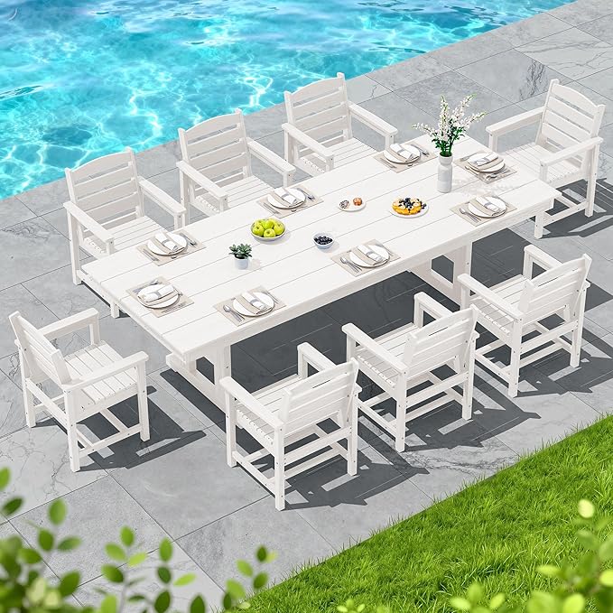 SERWALL 9 Piece Outdoor Dining Set, 84" HDPE Outdoor Table and Chairs for 8，All Weather Patio Furniture Set with Umbrella Hole for Backyard, Garden, White SERWALL