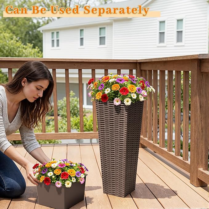 Greesum 24 Inch Tall Plastic Planters with Rattan Texture – Set of 2, Detachable Inner Pot & Drainage Holes, Indoor/Outdoor Decorative Flower Pots for Large Plants, Trees, Patio, and Garden, Brown BuynowfromGreesum