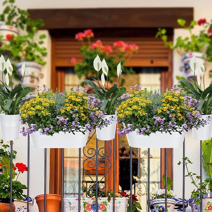 HowRU Metal Iron Flower Pots for Railing Fence Hanging Bucket Pots(5 Pcs) and Hanging Flower Pots Metal Iron Bucket Planter(10 Pcs) (White) HowRU