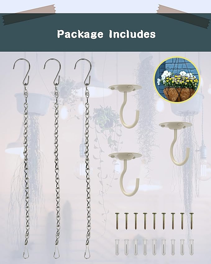 NACETURE Ceiling Hooks for Hanging Plants 3 Pack - Plant Hanger Indoor Hanging Hooks Metal Plant Bracket Iron Lanterns Hangers for Wind Chimes (White 3 Pack + Chain) NACETURE