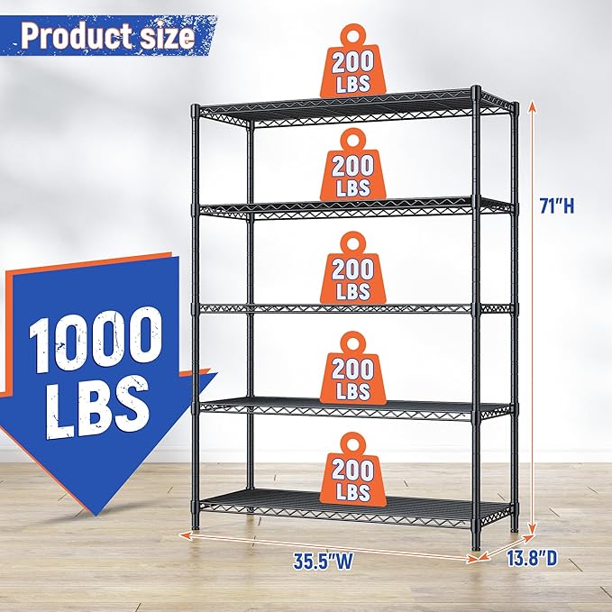 5 Tier Storage Shelves 71"H Wire Shelving Adjustable Metal Shelving,1000LBS Pantry Shelves Sturdy Steel Wire Shelf for Kitchen Commercial Pantry Garage Warehouse ,71"H X35.5"W X13.8"D, Black Romorgniz