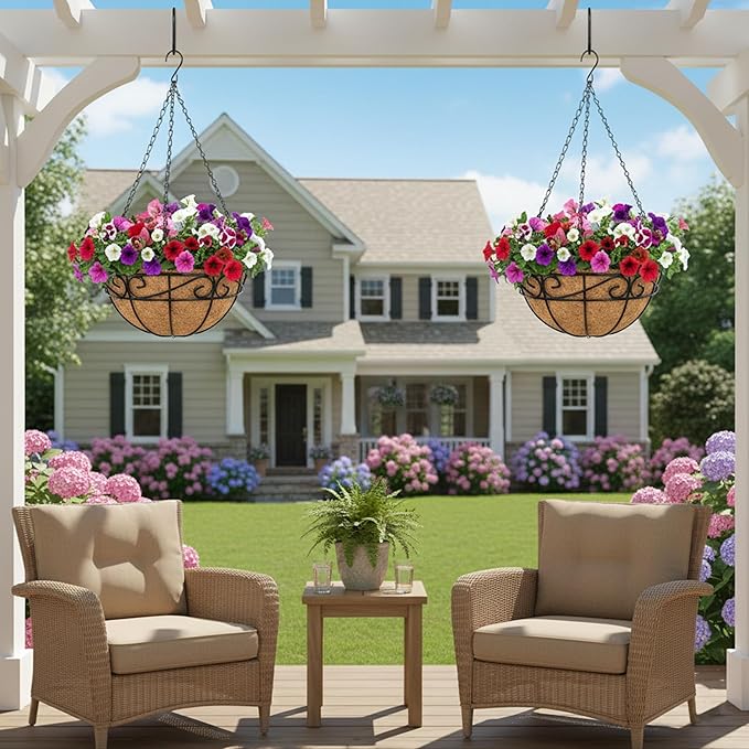 Outdoor Metal Hanging Planters Basket (4pack, 12 inch) Hanging Baskets for Plants Chain Round Wire Plant Holder with Coco Fiber Liners for Garden, Patio, Deck, Porch(Flower Border) EIMQUVW